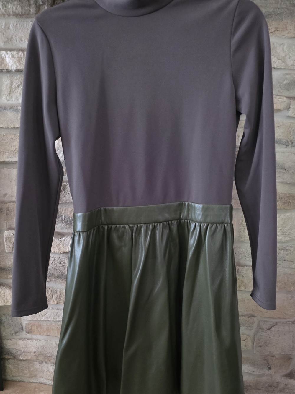 Alice + Olivia Olive Turtleneck Dress with Olive Green Faux-Leather Skirt